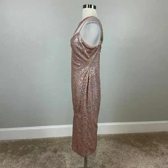 AQUA Women's Cocktail Dress Size 6 Gold Sequin One Shoulder Cut Out Midi Sheath
